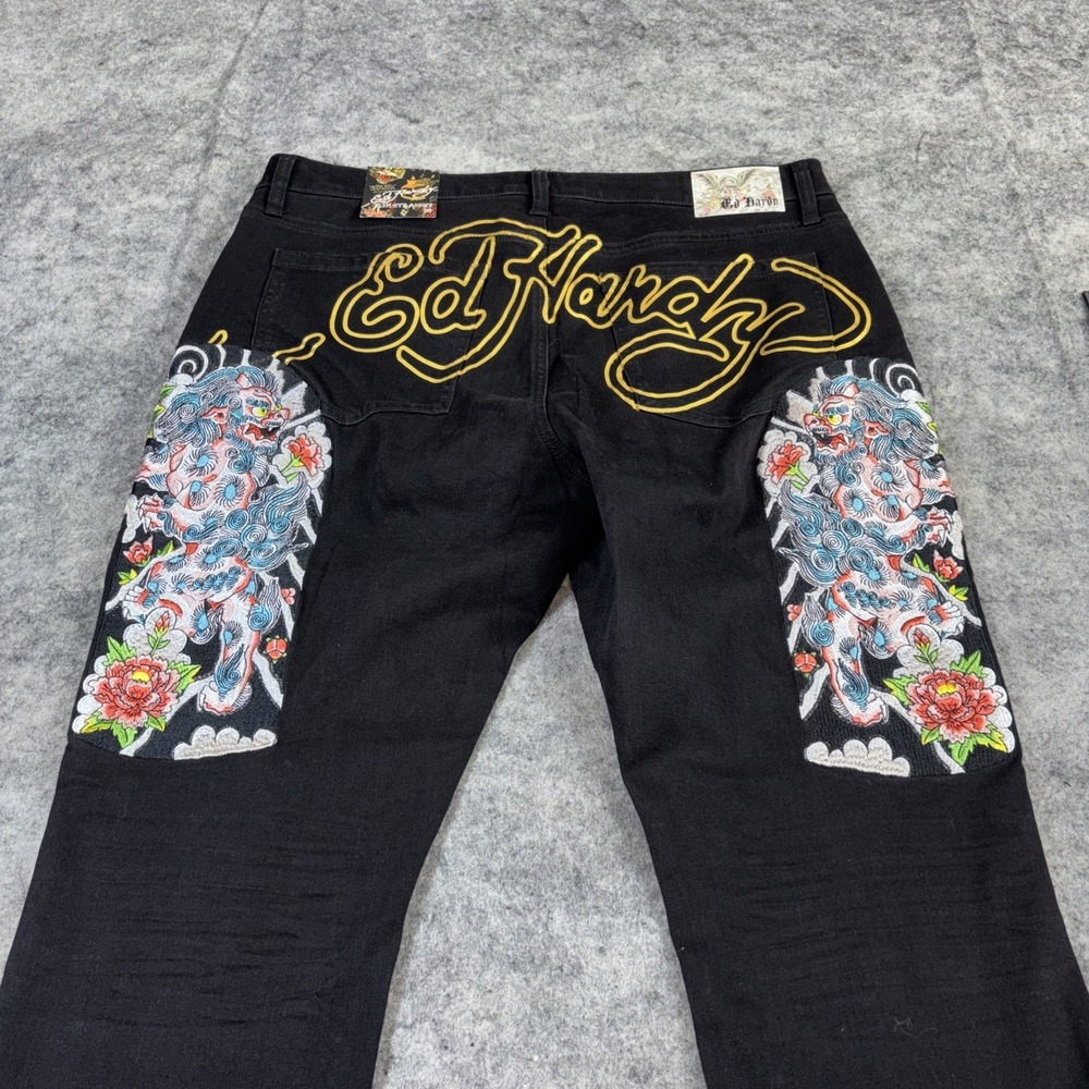 New Ed Hardy Slim Straight Jeans Men's 38X32 Embroidered Tiger Floral Y2K Grunge